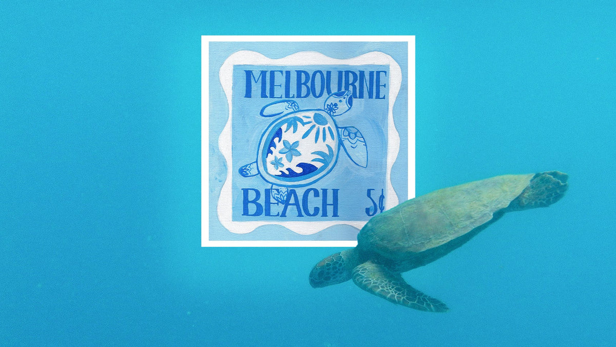 Melbourne Beach Print, with sea turtle swimming next to it